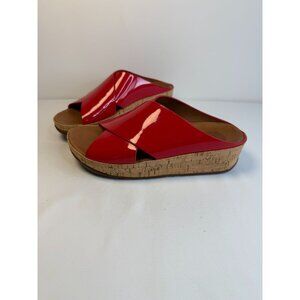 FitFlop Kys Sandals Women's Size 7 Red Leather Cross Strap Cork Platform Wedge